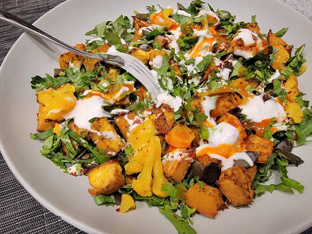 Curry Mustard Roasted Rutabaga & Tofu Salad + Yoghurt